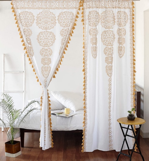 White-Gold Floral Ombre Mandala Curtains Tapestry
