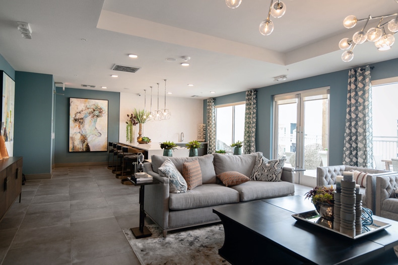 blue wall colors with gray floors