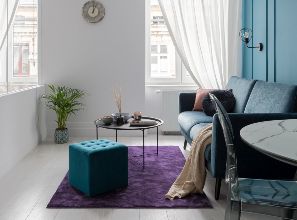 purple rug for grey floor
