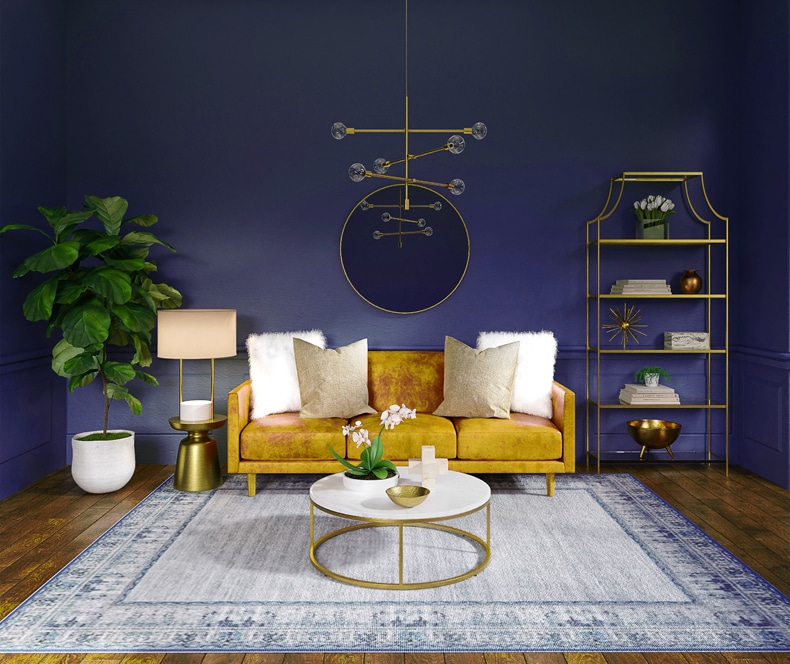 dark purple wall with a mustard sofa