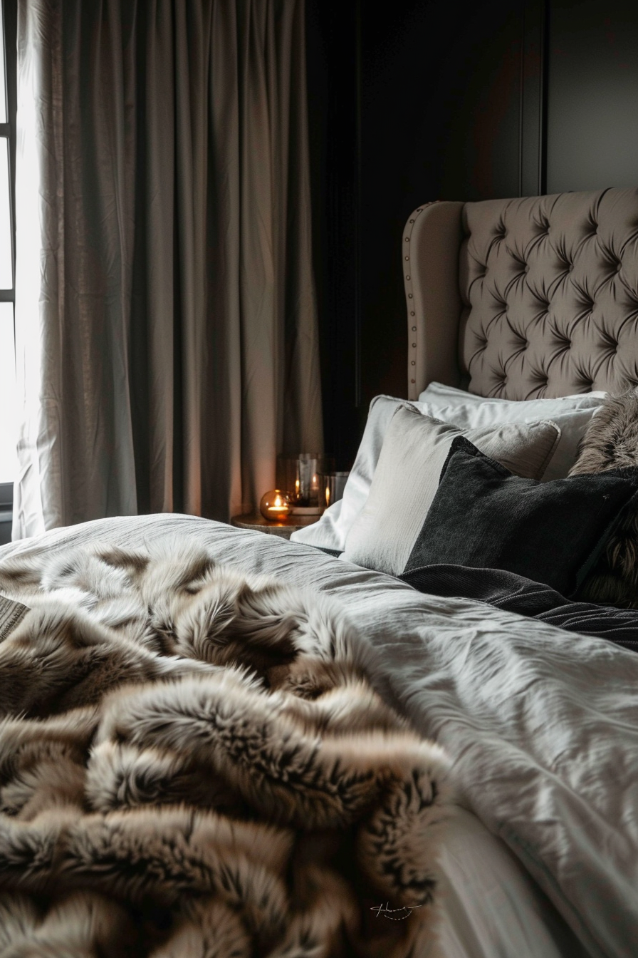 A cozy bed with pillows and a blanket in a modern dark bedroom.