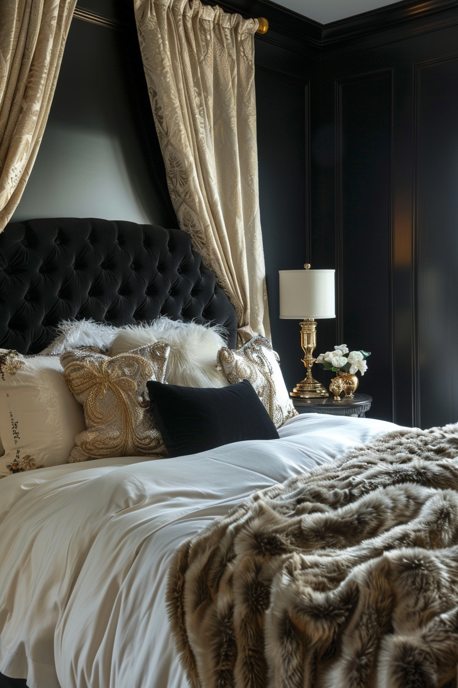 A dark and cozy bedroom with fur and gold accents.