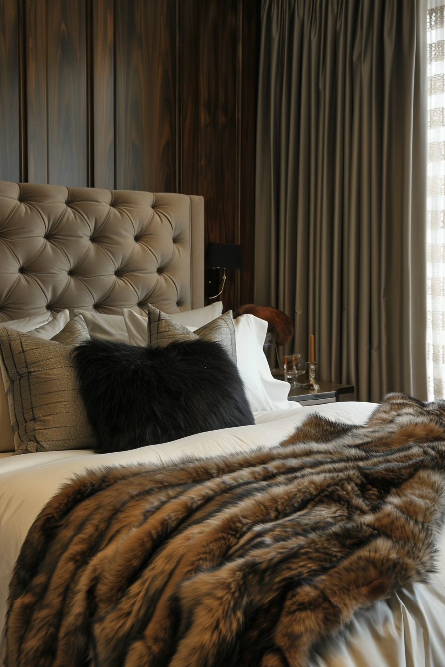A cozy bed with a fur blanket in a modern dark bedroom aesthetic.