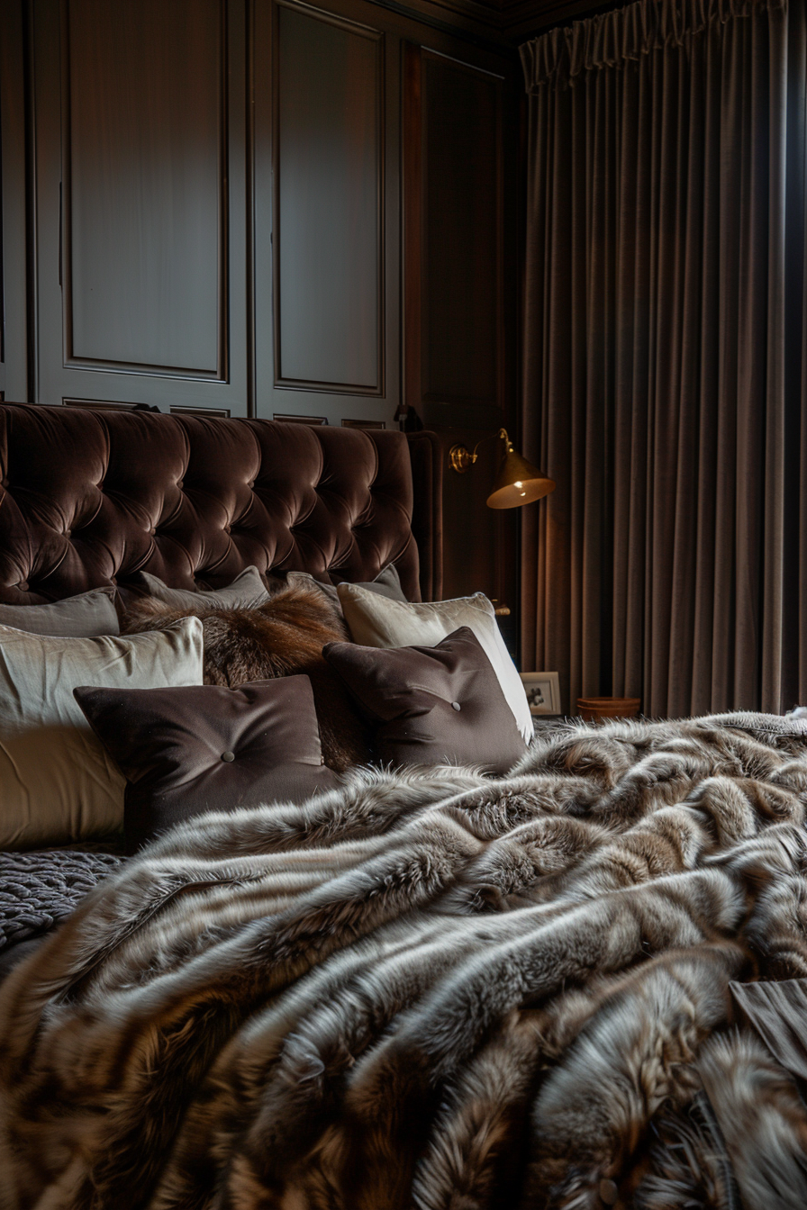 A cozy bed adorned with fluffy pillows and a luxurious fur blanket, creating a warm and inviting atmosphere in the dark bedroom.