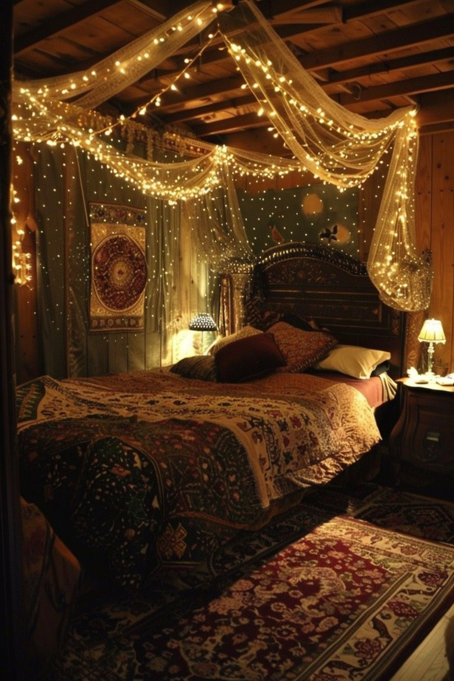 A cozy bedroom adorned with fairy lights and a canopy bed, exuding a dark aesthetic.