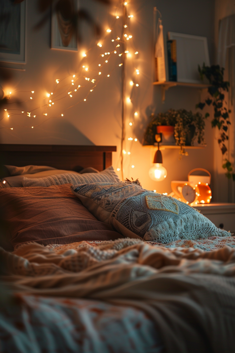 A cozy bed with modern lights in a dark bedroom.