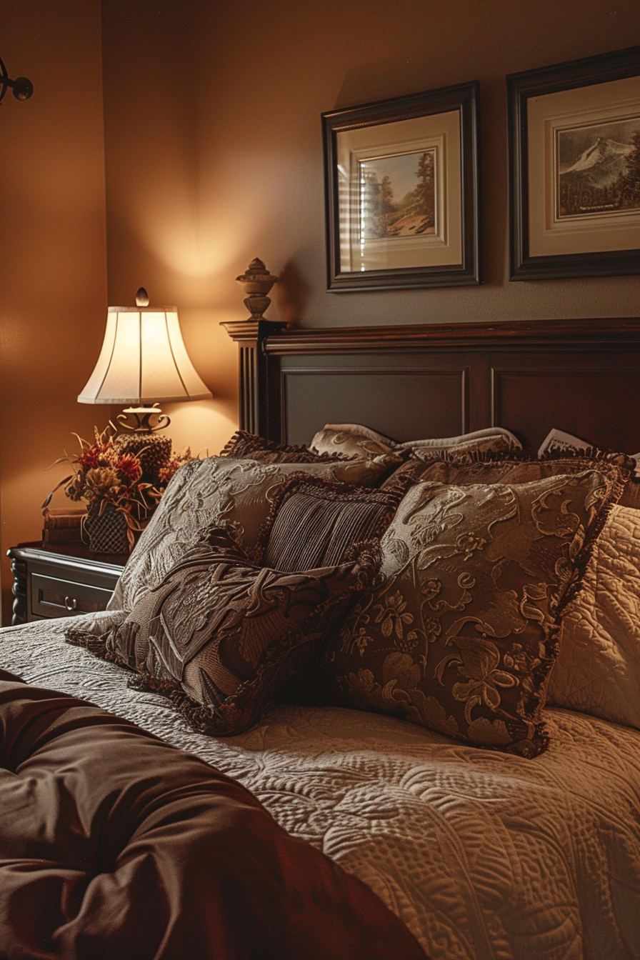         Description: A cozy bed with pillows and a modern lamp in a dark aesthetic bedroom.