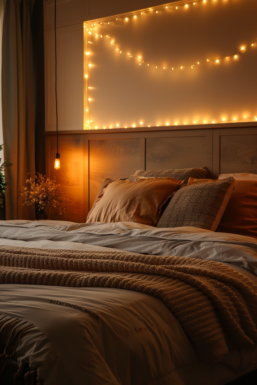 A modern dark bedroom with cozy lights on the wall.