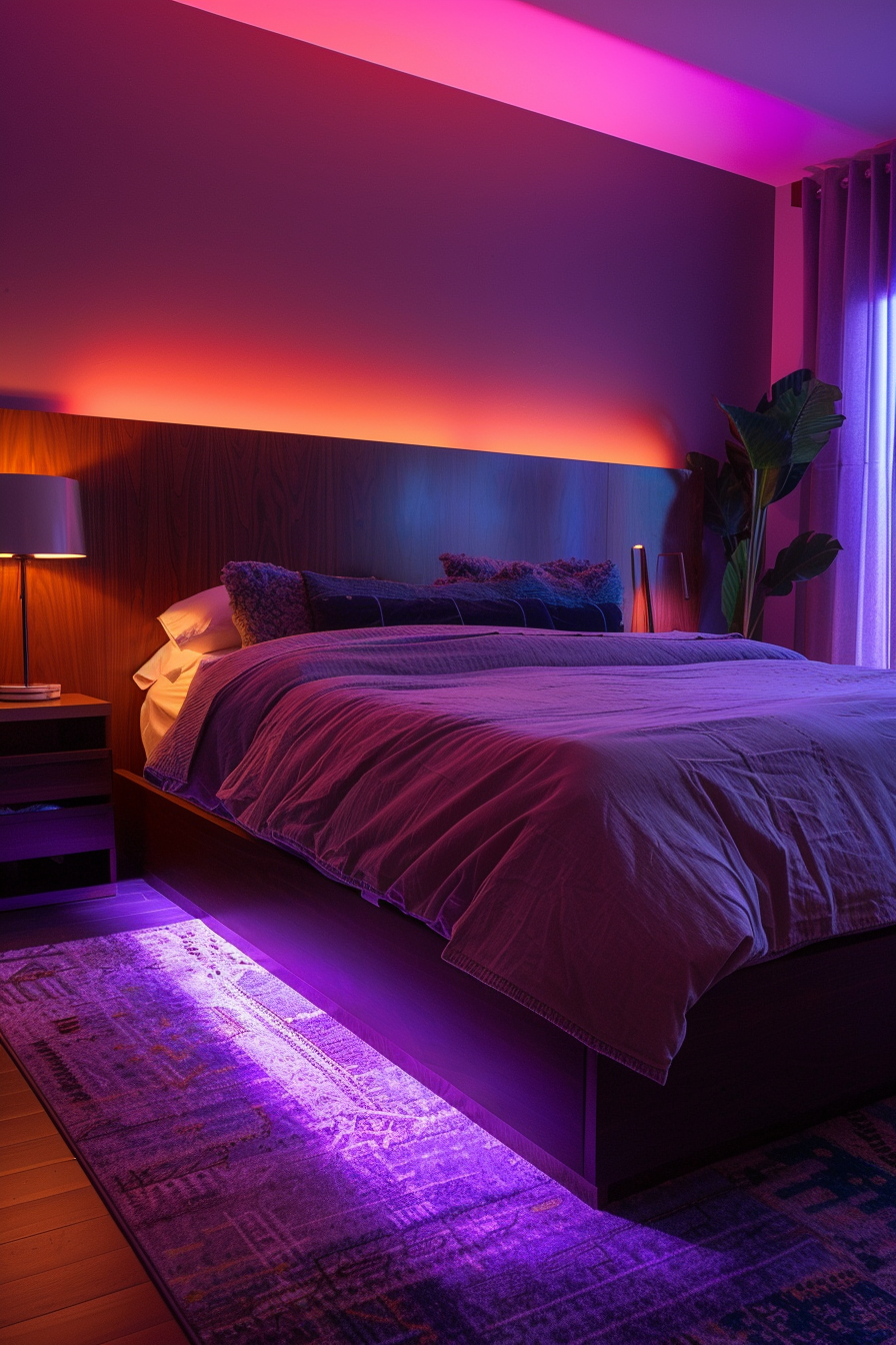 A cozy bed with purple lights, perfect for a modern dark bedroom.