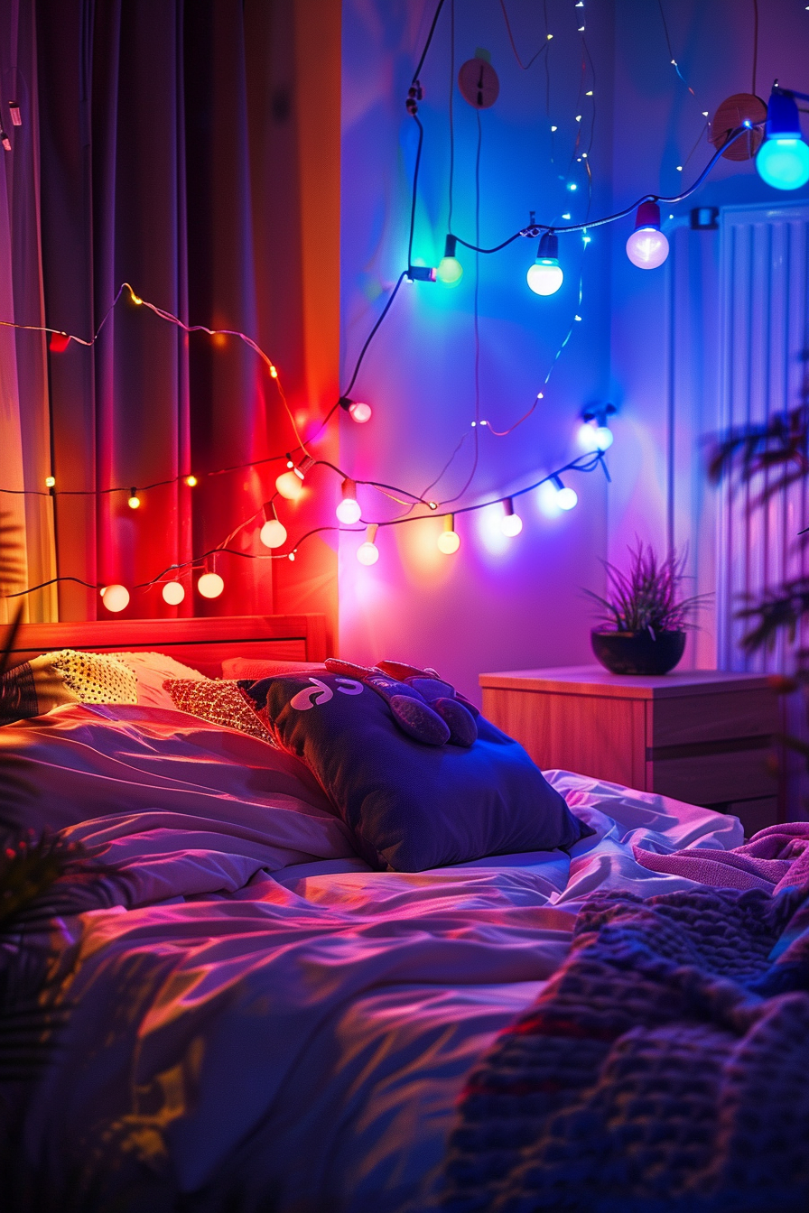 A modern bed with lights on the wall, creating a cozy and dark aesthetic in the bedroom.