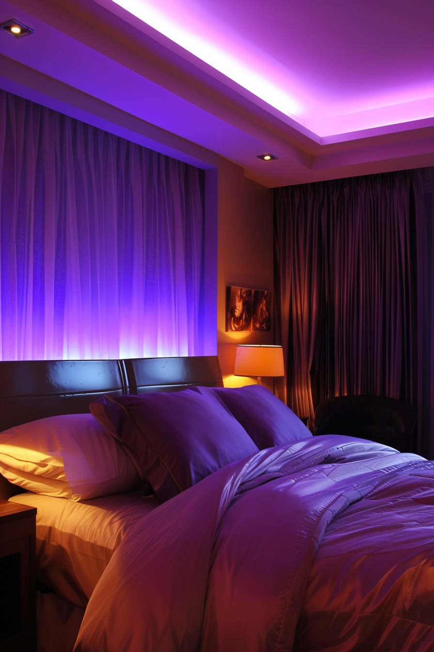 A cozy bed in a bedroom with purple lighting, perfect for a dark bedroom aesthetic.