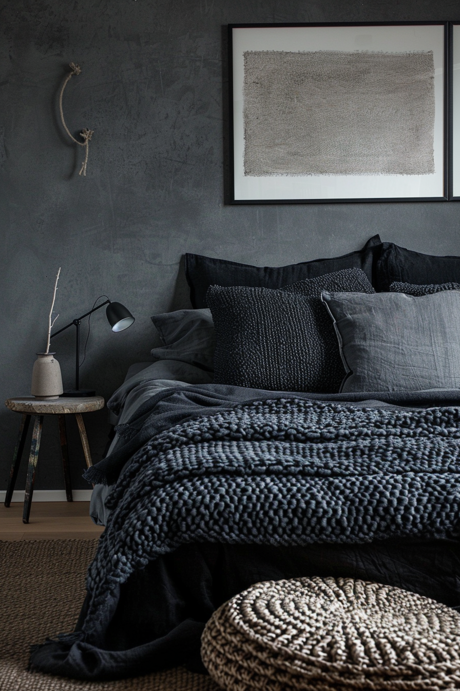 A cozy bed with a grey blanket and pillows in a dark bedroom aesthetic.