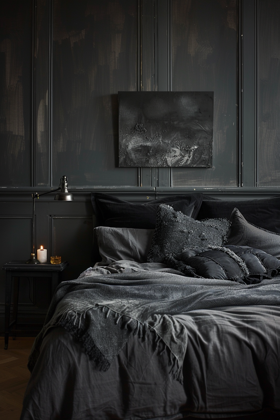 A bed in a dark room with black walls, perfect for those seeking modern and dark bedroom ideas.