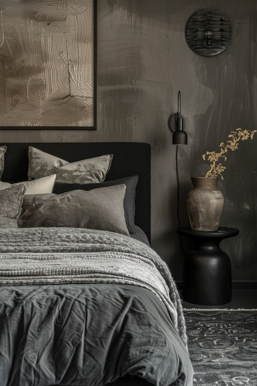 A modern bed adorned with soft pillows and a delicately arranged vase of flowers, creating an ambiance of dark aesthetic in the bedroom.