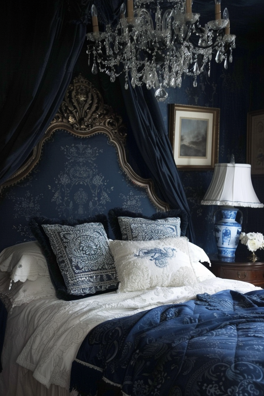 A bed with a chandelier and a blue blanket in a modern dark bedroom.