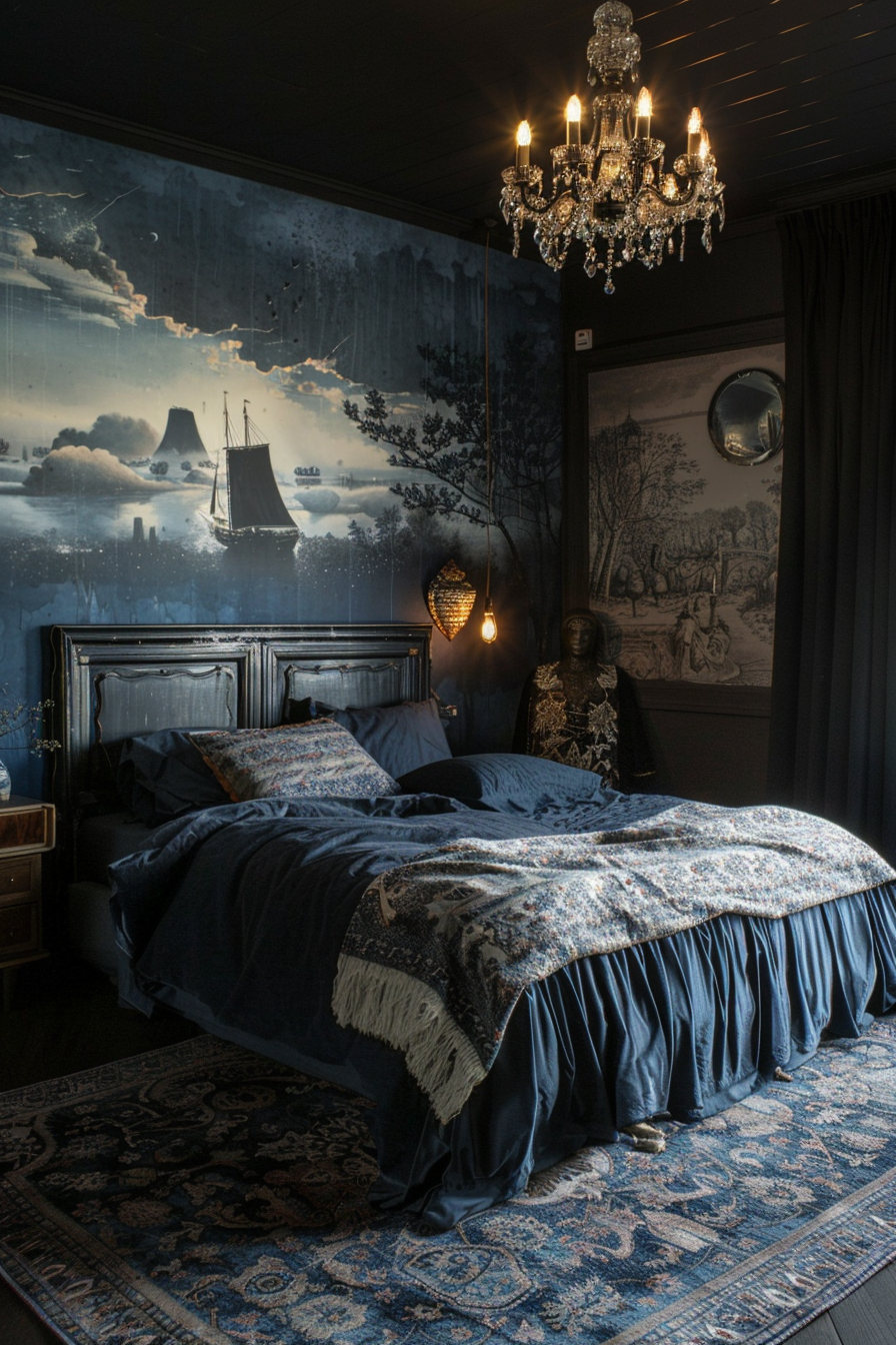 A cozy bed in a dark bedroom.