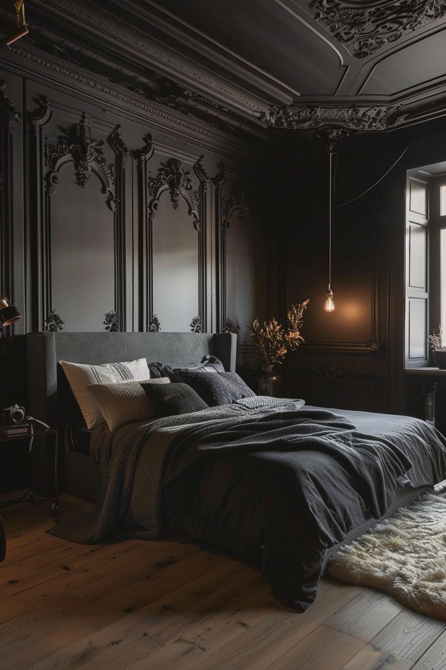 A cozy bed with pillows and a rug in a dark bedroom.
