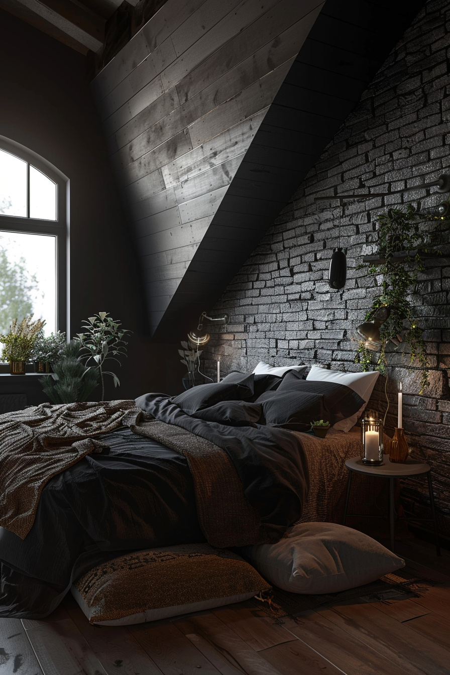 A cozy bed adorned with candles and plants in a dark room creating a dark aesthetic bedroom.