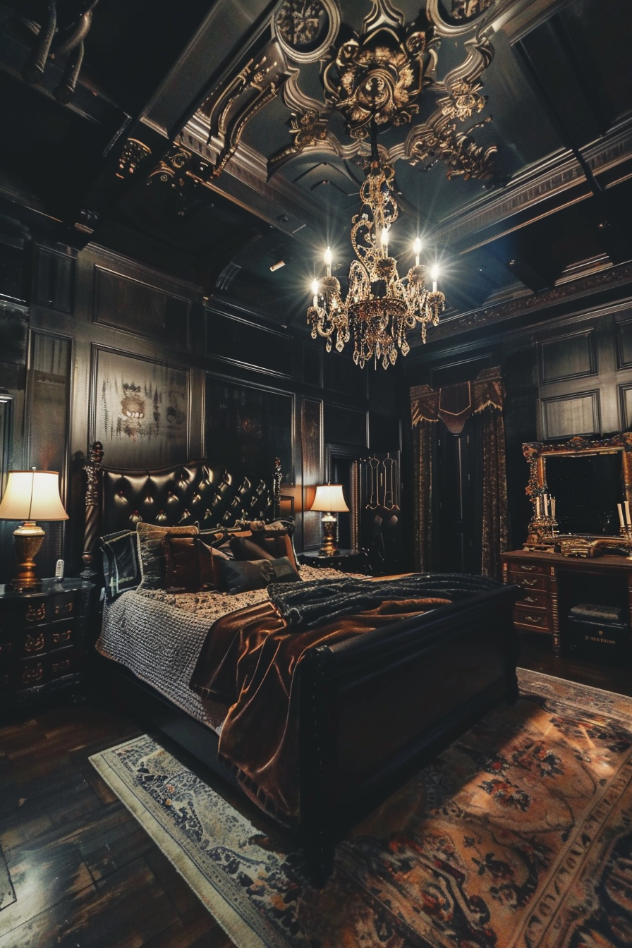 A cozy dark bedroom with a chandelier and a bed.