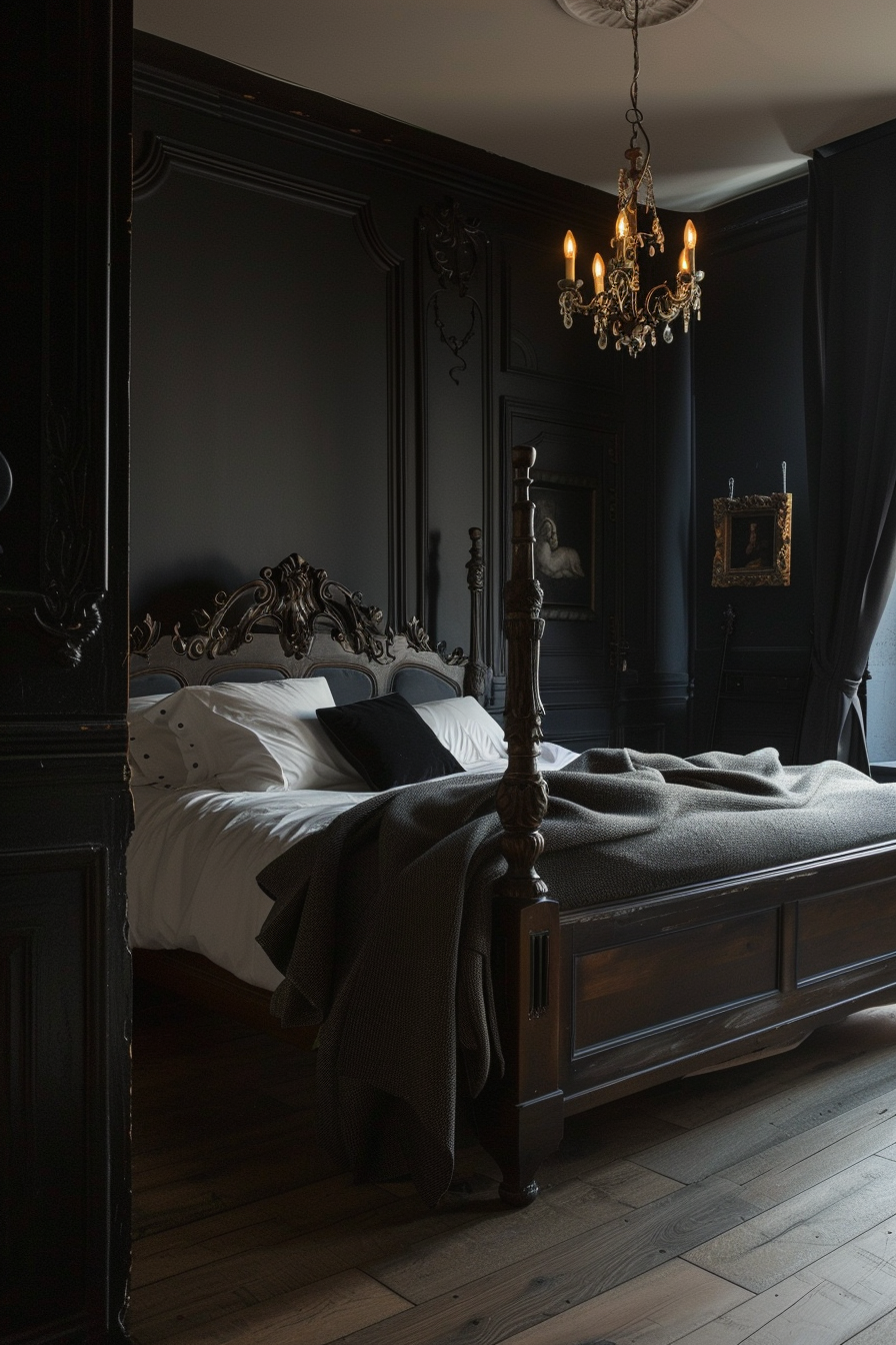 A cozy bed illuminated by a chandelier, creating a modern dark bedroom aesthetic.