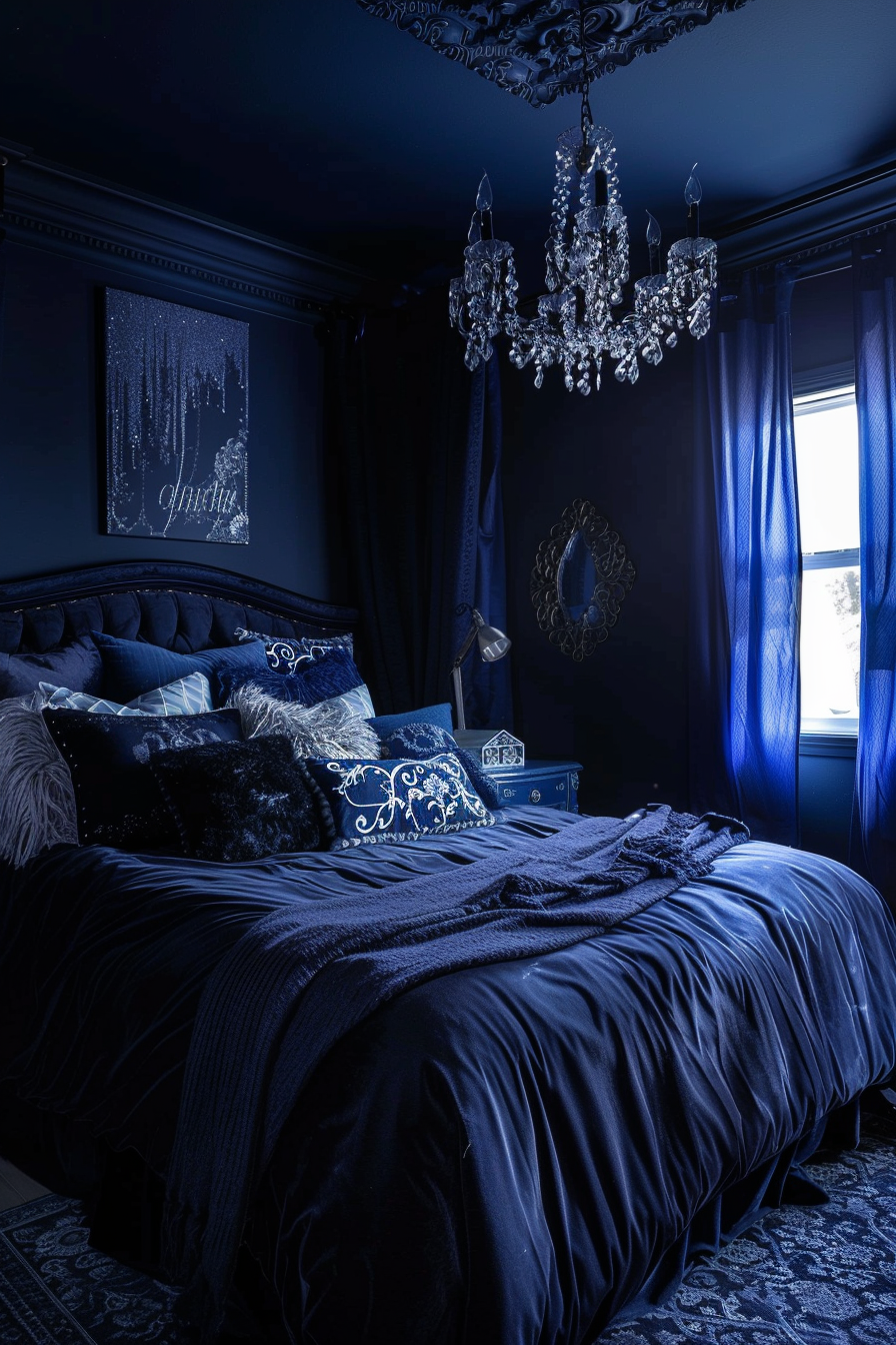 A cozy bed in a dark room with a chandelier, creating a modern dark bedroom aesthetic.