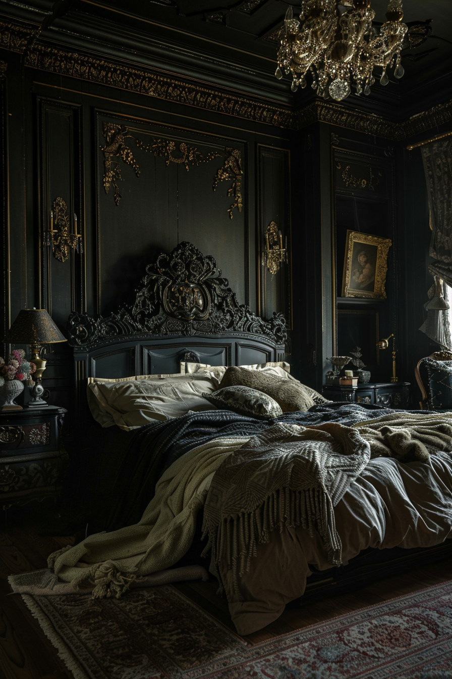 A cozy bed with a large headboard in a dark room creates a modern dark bedroom aesthetic.