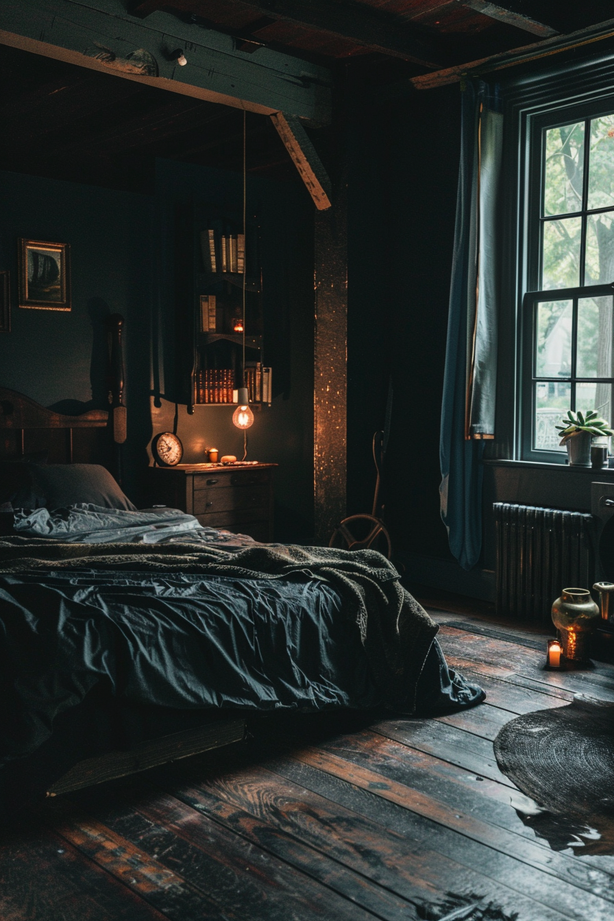A cozy bedroom with a bed and a window, featuring a dark aesthetic.