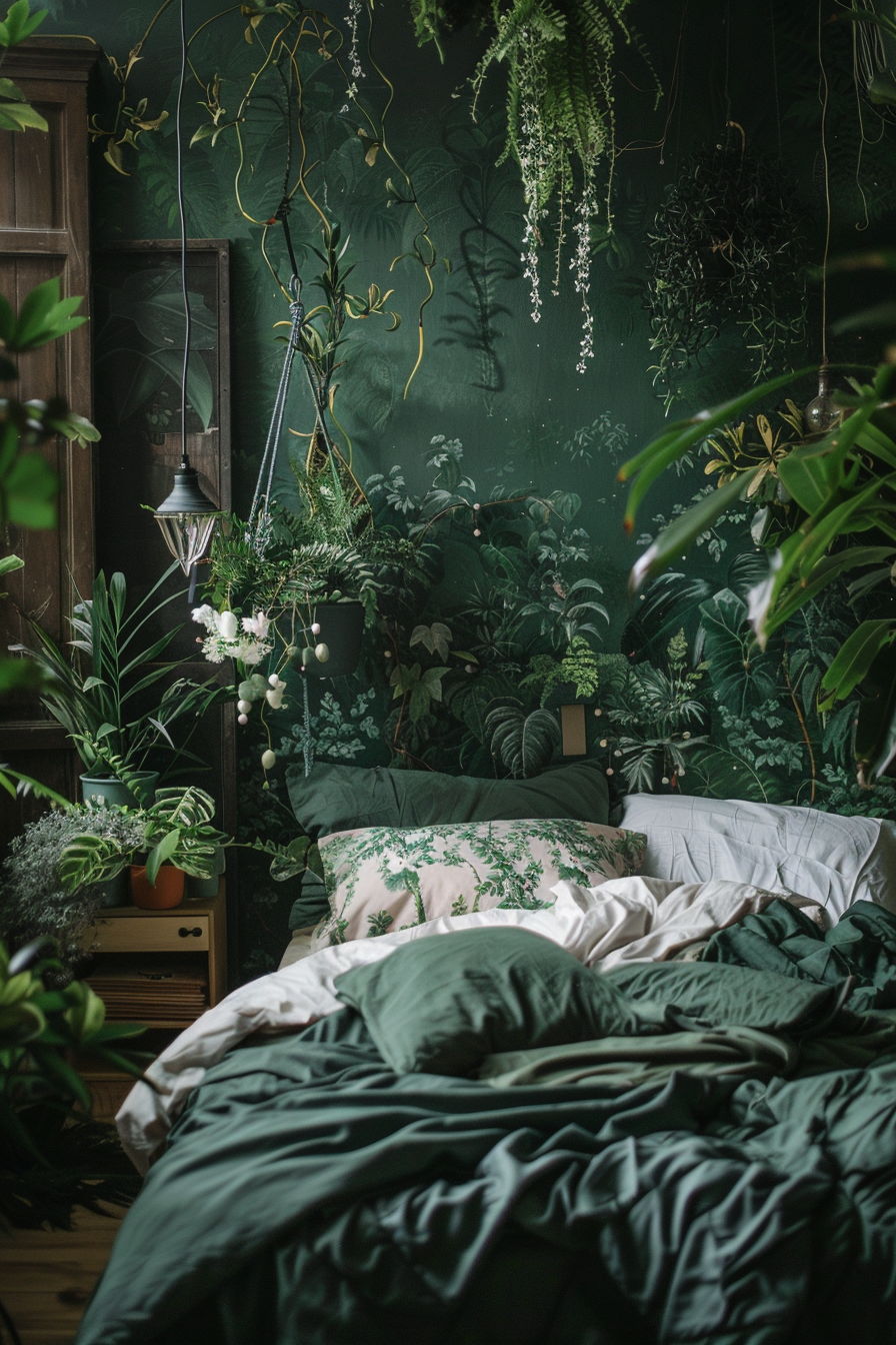 A cozy bedroom with a green wall and lots of plants, perfect for a dark bedroom aesthetic or those looking for dark bedroom ideas.
