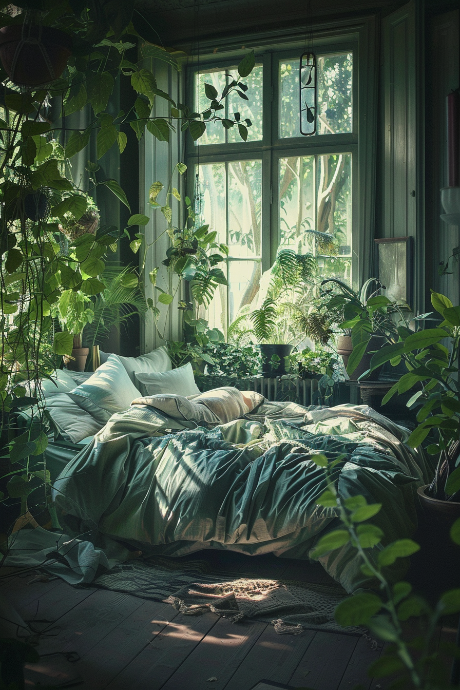 A cozy bedroom with plants in the window.
