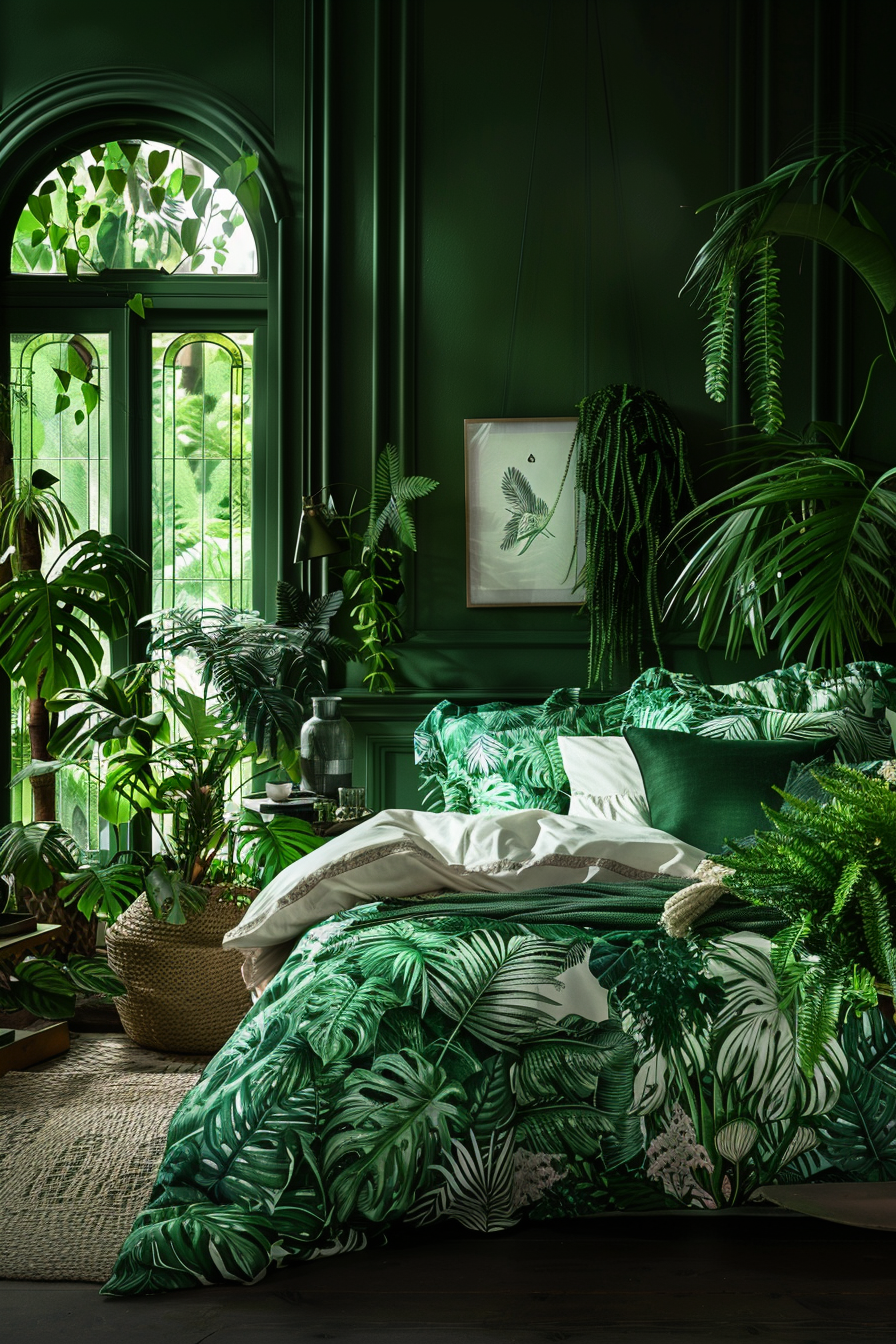 A cozy green bedroom with plants and a bed.