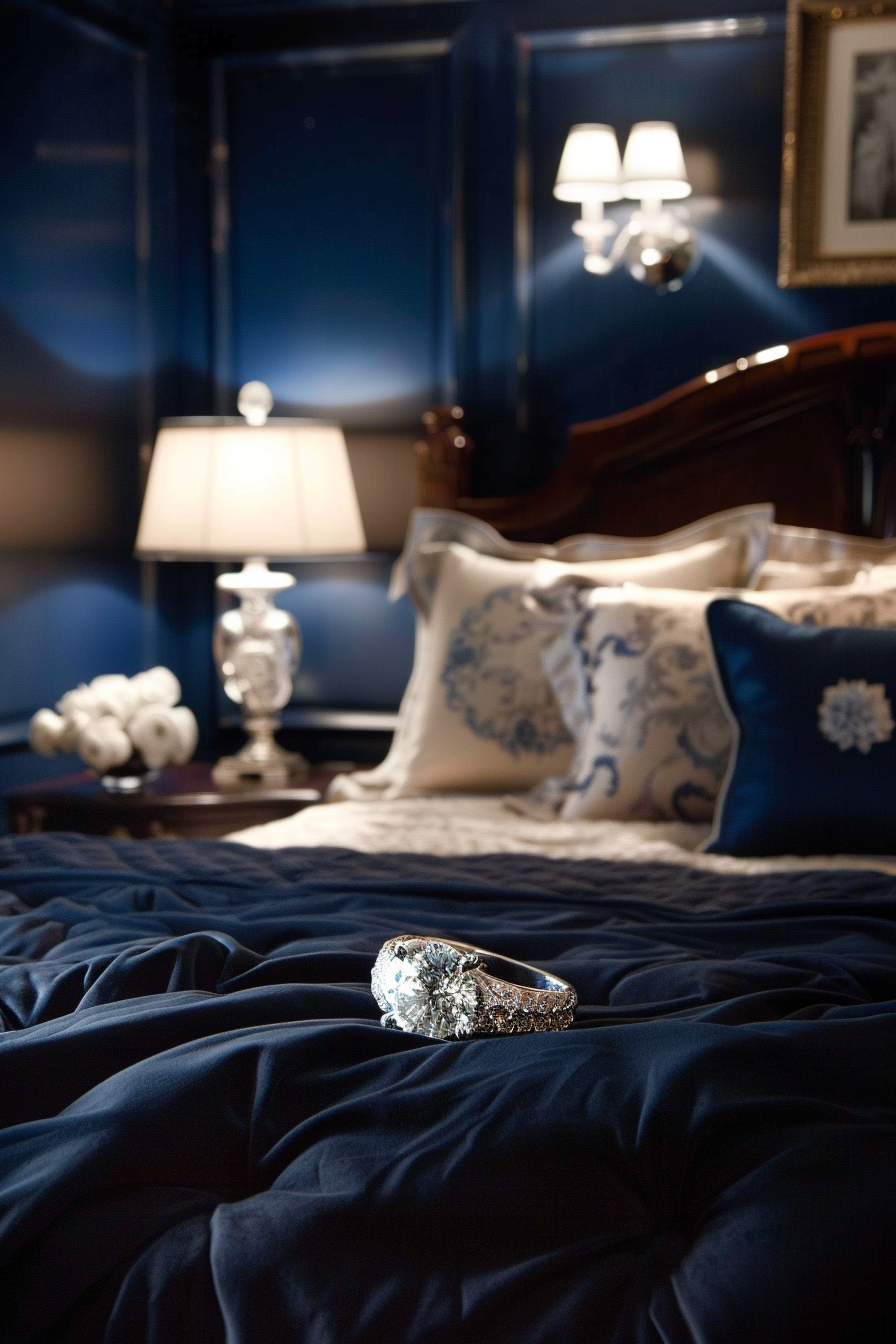 A cozy and dark bedroom aesthetic featuring a ring on the bed.