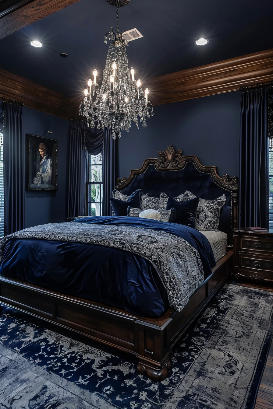 A modern bedroom with dark blue walls and a chandelier.