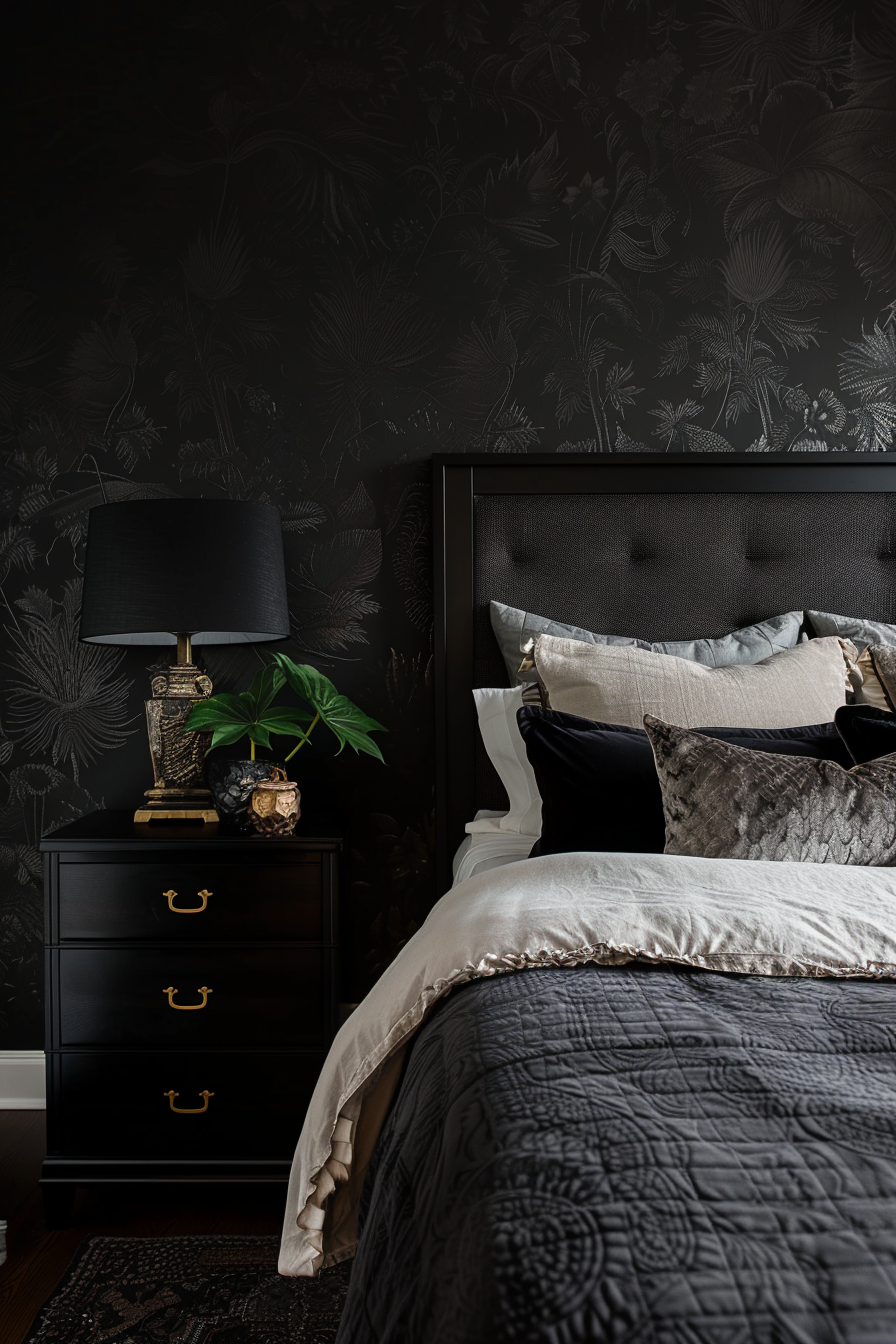 A cozy dark bedroom aesthetic with a lamp and black wallpaper.