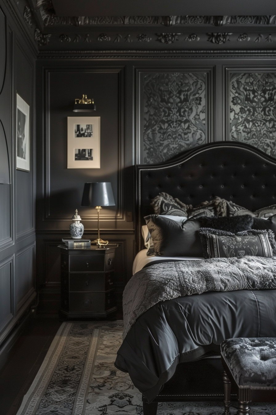 A cozy dark bedroom with a black headboard and a lamp.