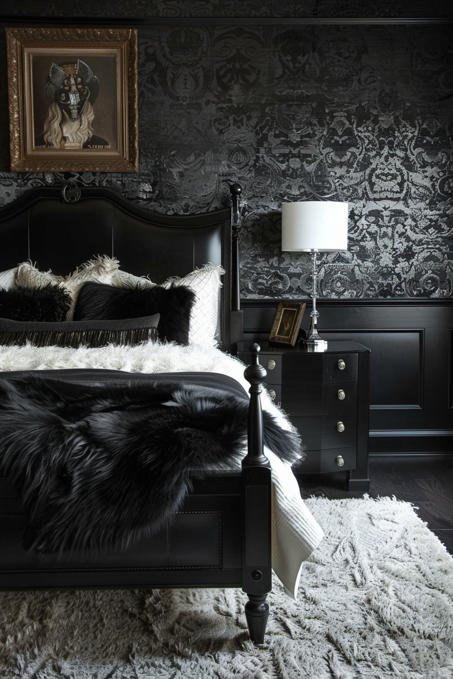 A cozy, modern black and white bedroom with a dark aesthetic.
