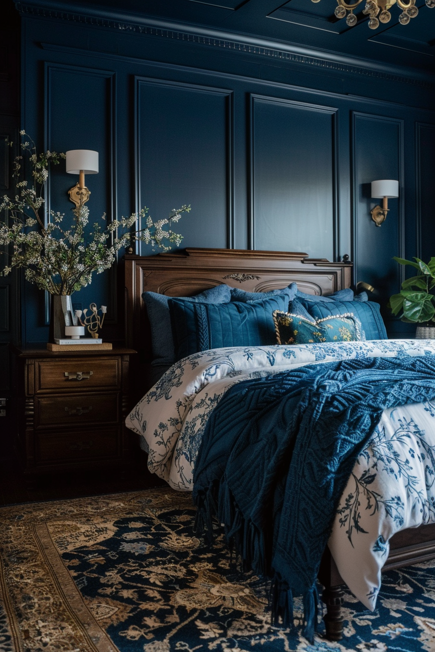 A modern bed with blue and white bedding.