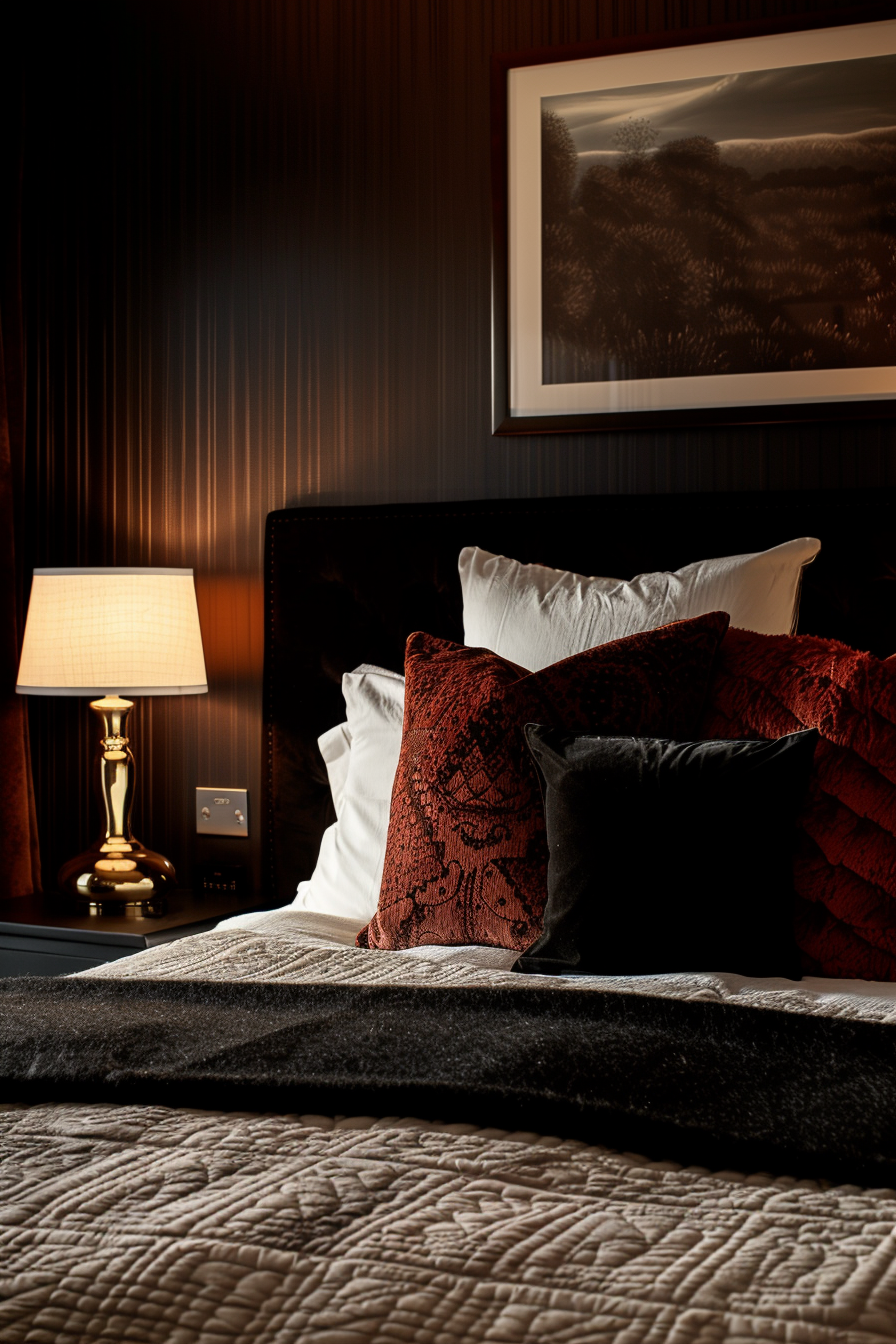 A cozy bed with pillows, creating a dark bedroom aesthetic.