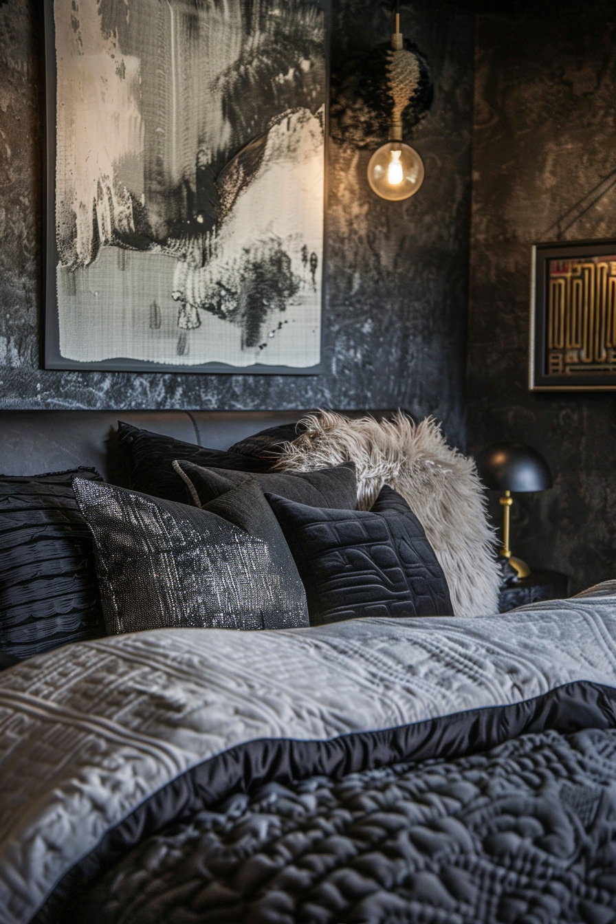 A cozy dark bedroom with a bed adorned with pillows and a captivating painting on the wall, exuding a dark aesthetic.