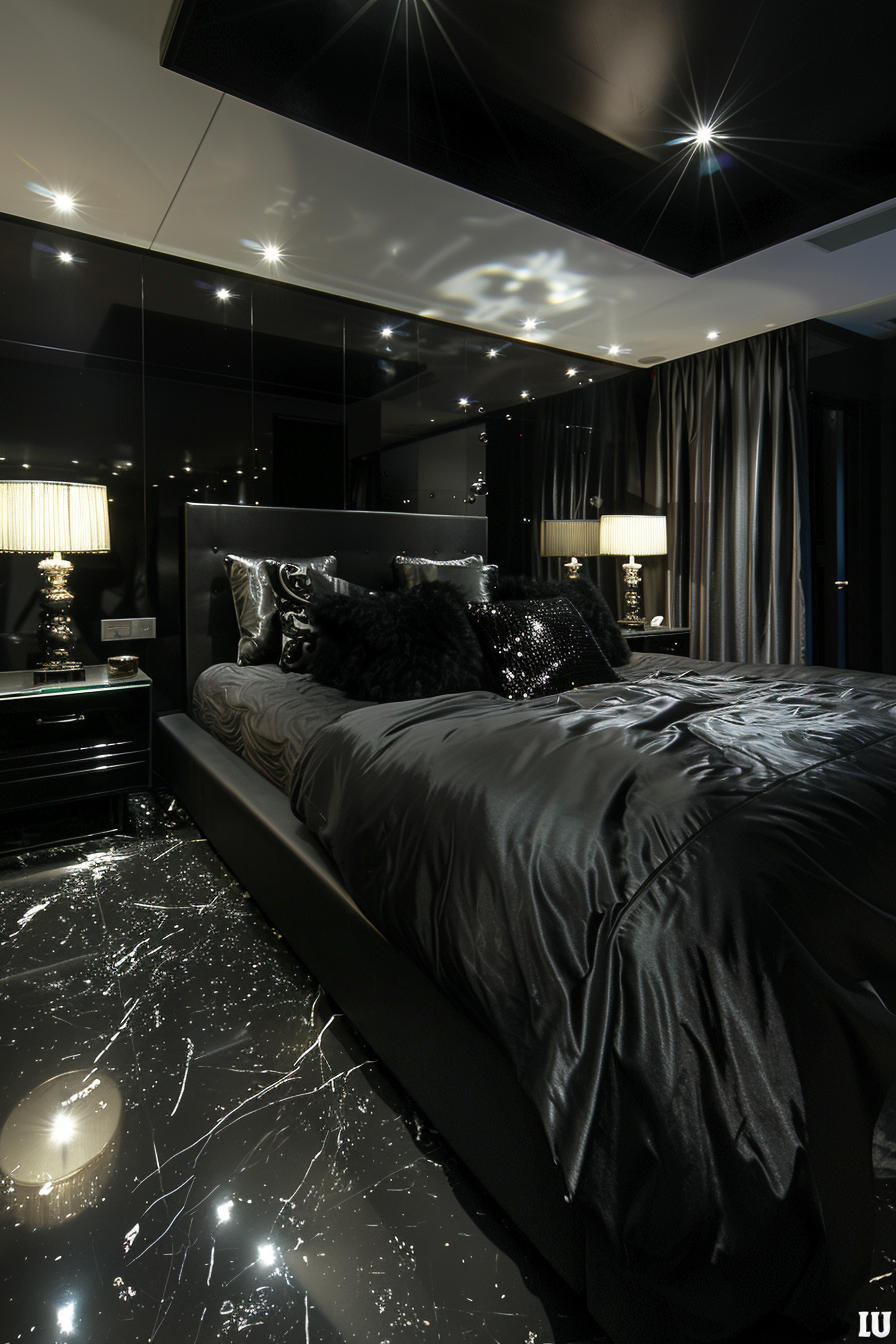 A modern dark bedroom with a black bed and lamps.