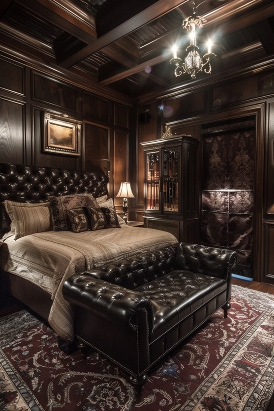 A cozy bedroom with a leather couch, perfect for a modern dark bedroom aesthetic.