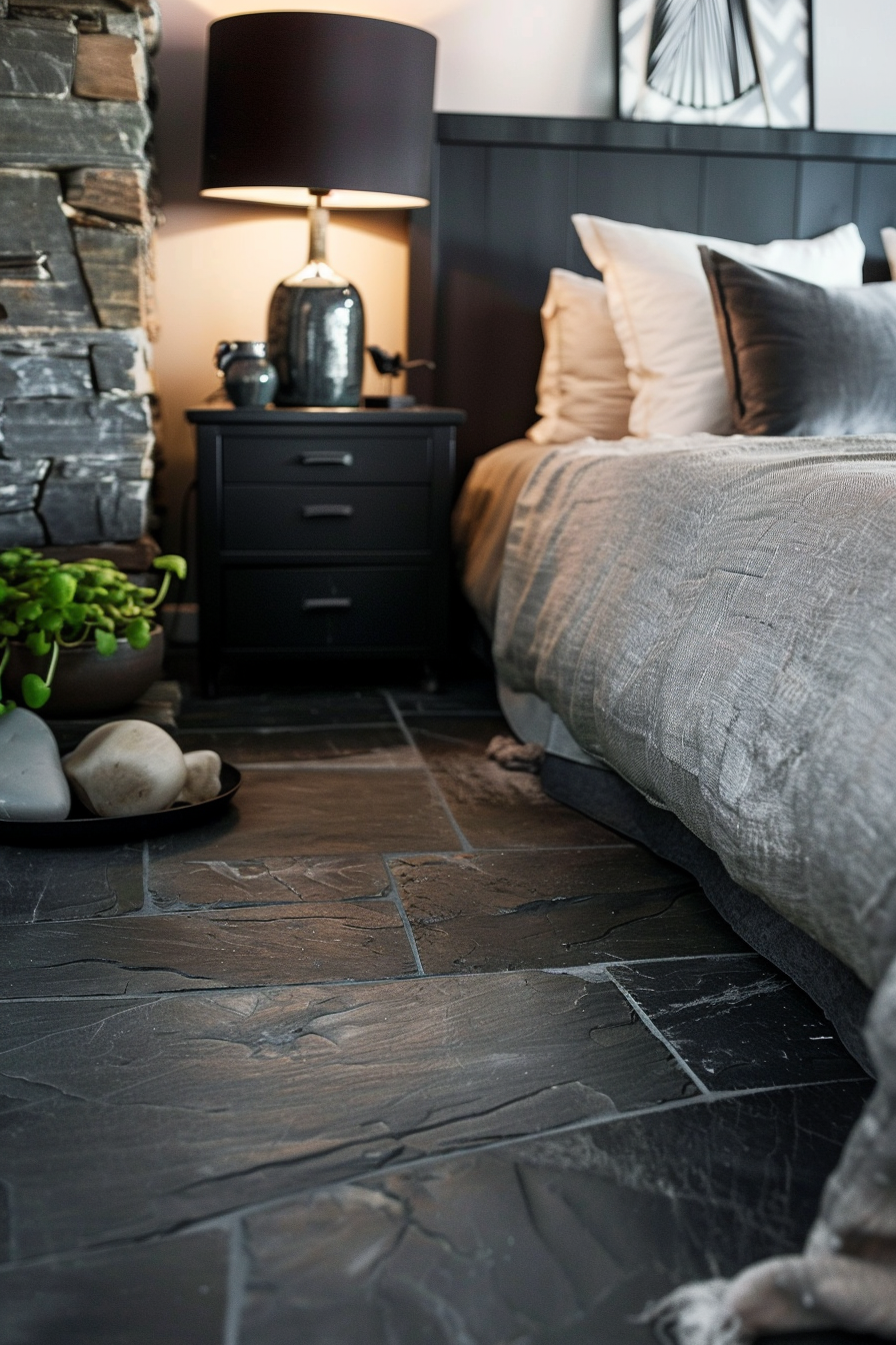 A cozy bedroom with a black slate floor and a stone wall, creating a dark aesthetic.