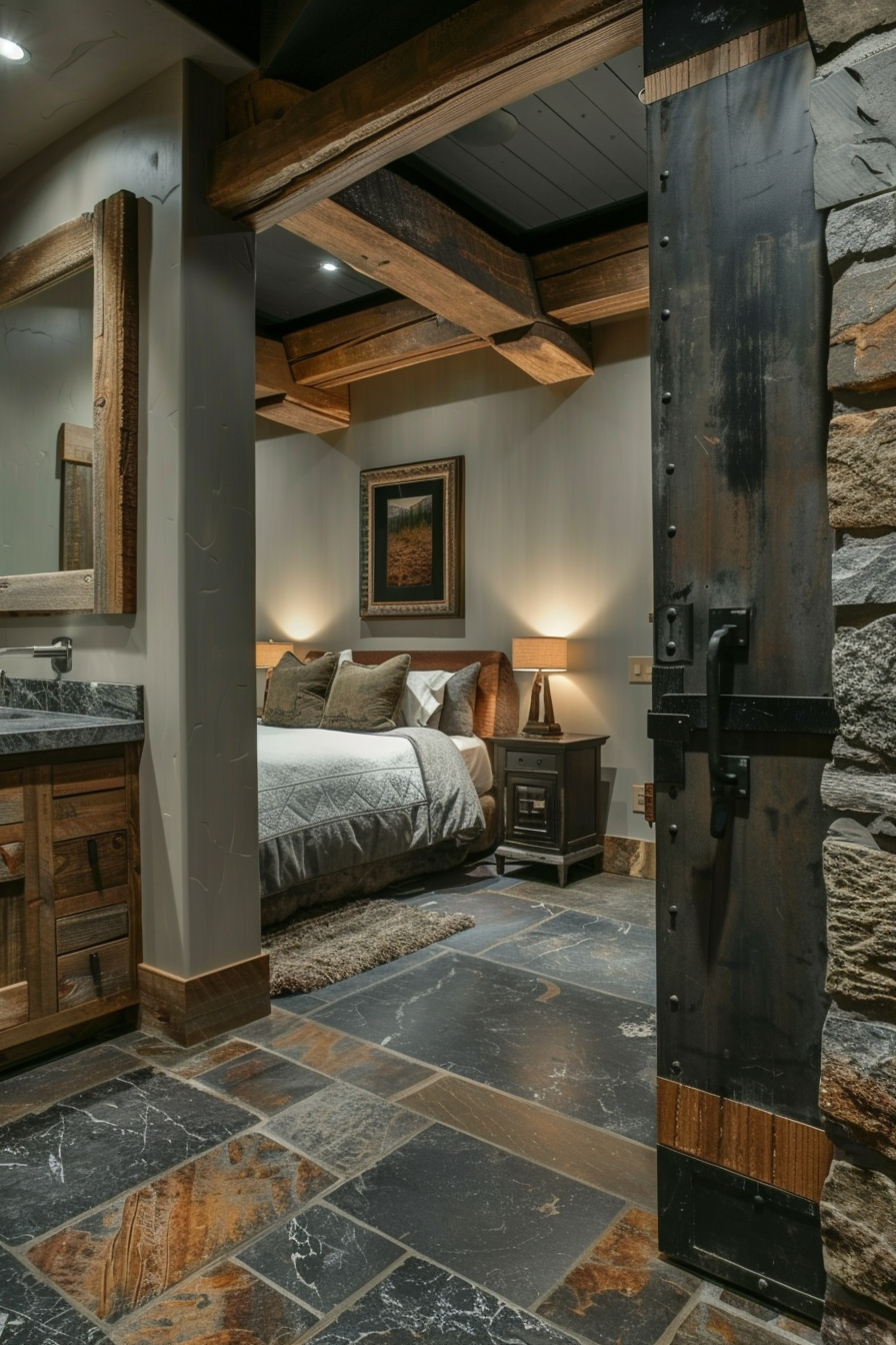 A cozy and modern bedroom with stone walls and a bed.