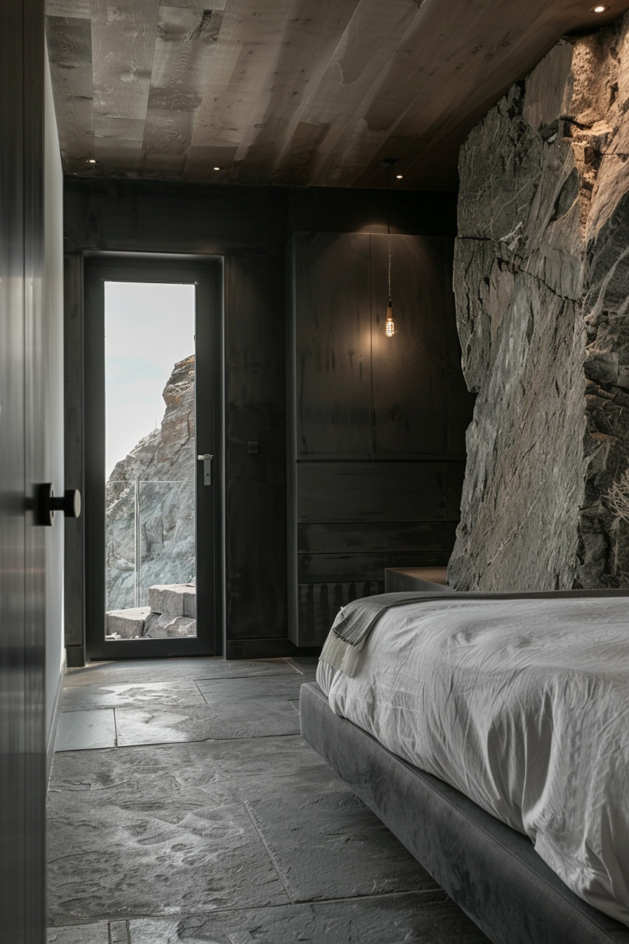 A cozy dark bedroom with a rock wall.