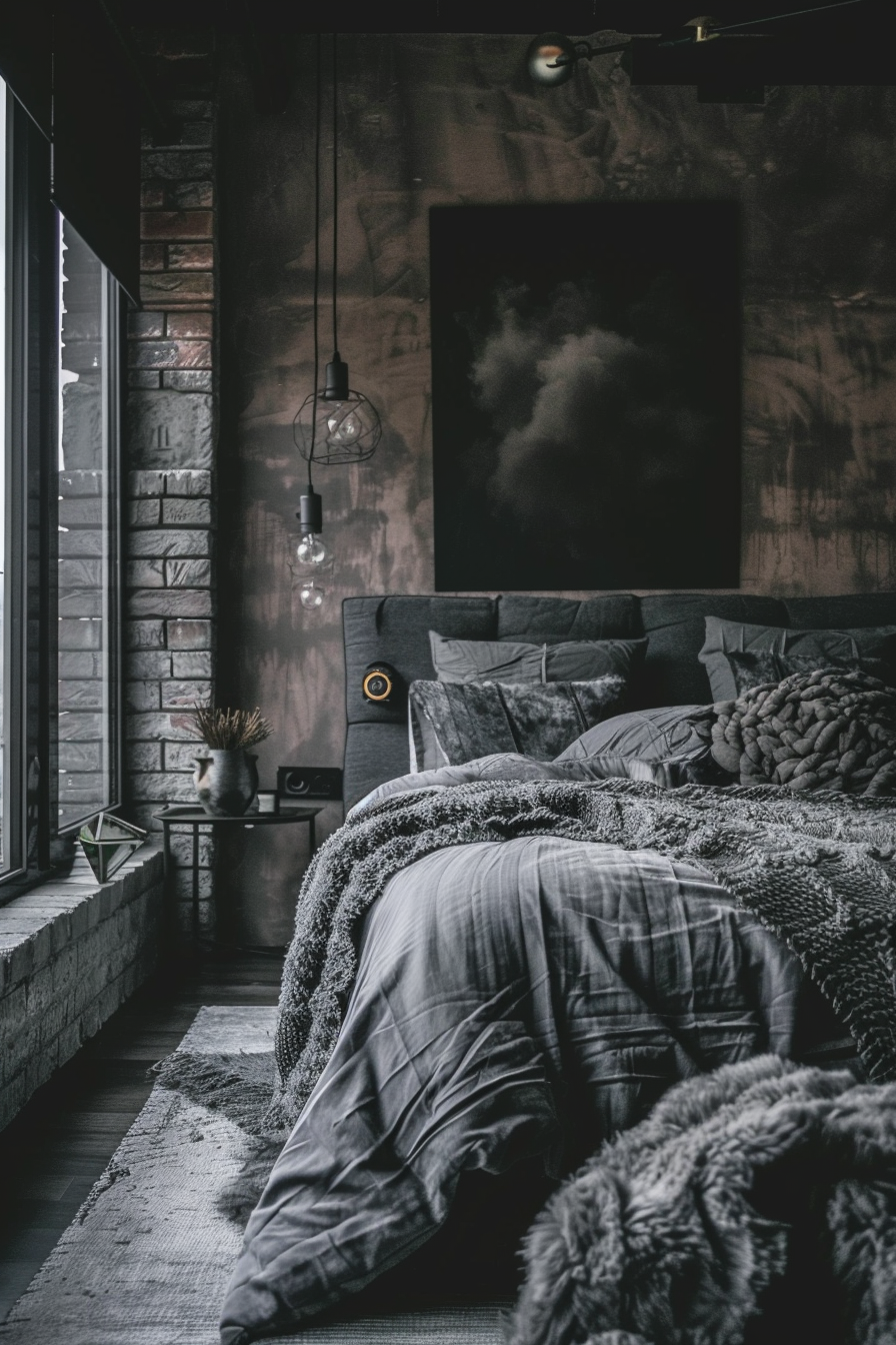 A cozy bed with pillows and a blanket in a dark bedroom with a brick wall.