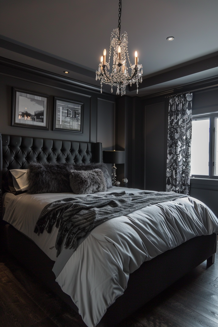A modern bedroom featuring a chandelier and a bed.