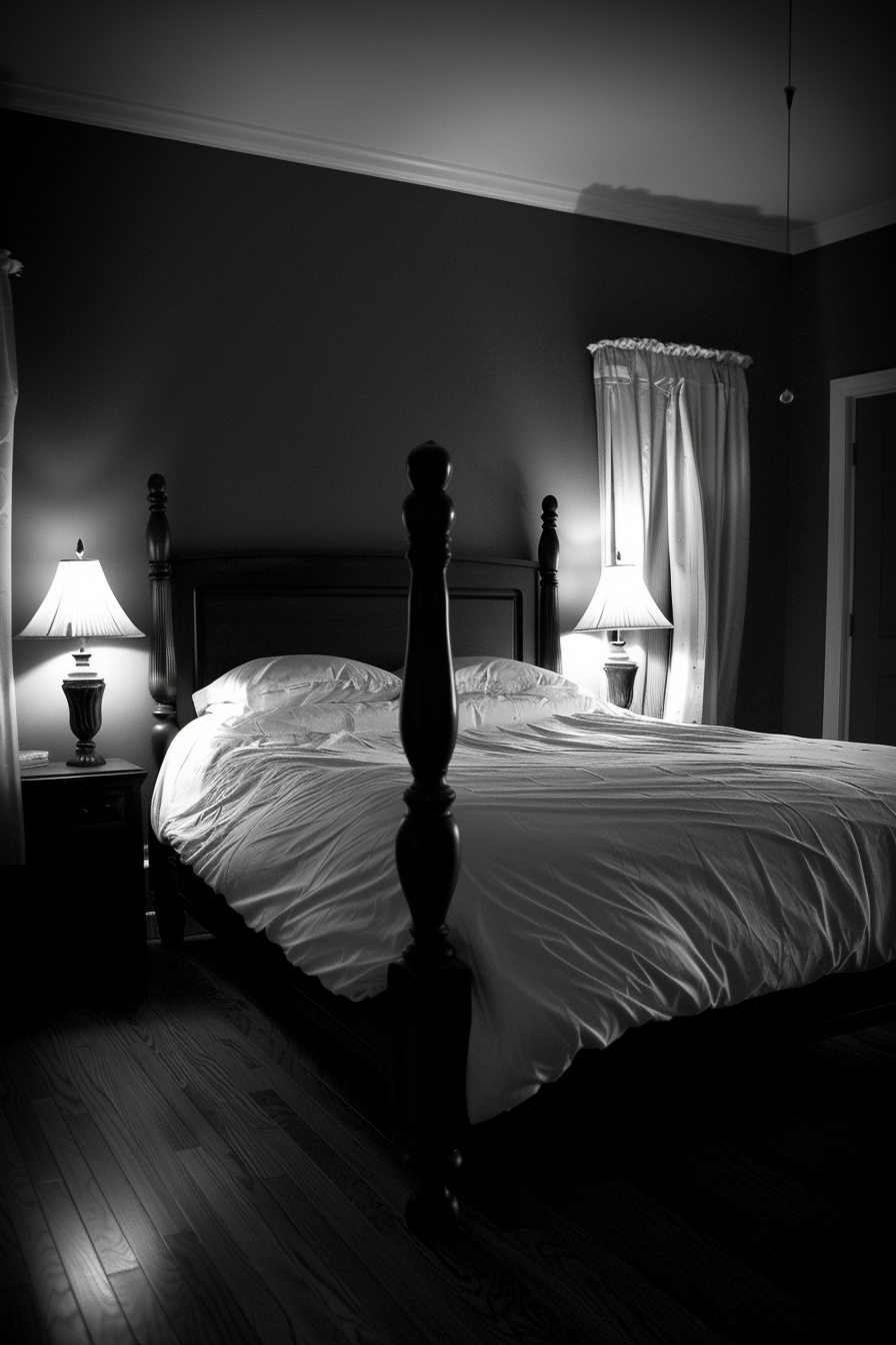 A modern black and white photo of a bed in a darkly aesthetic bedroom.