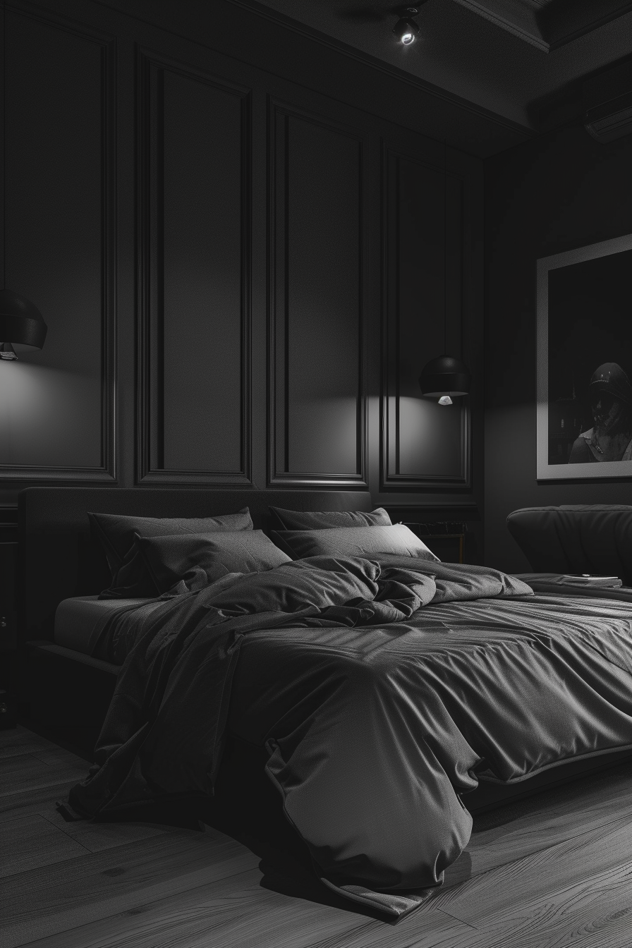 A modern dark bedroom with a bed and a lamp.
