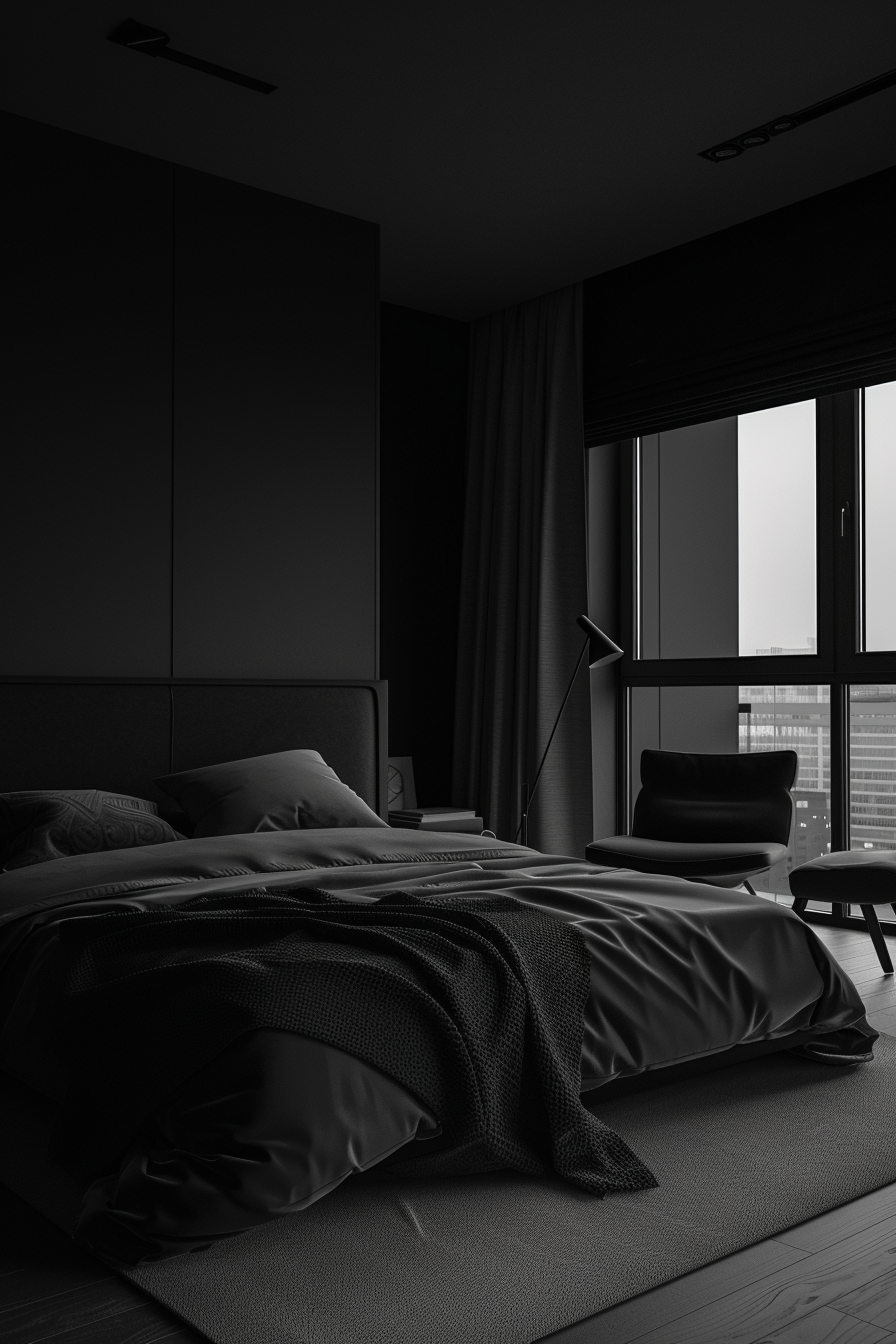 A cozy dark bedroom with a view of the city.