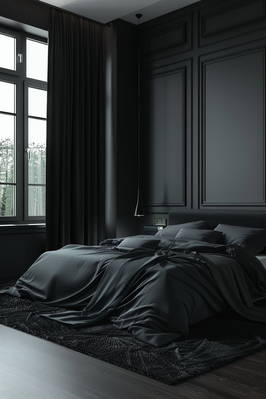A modern dark bedroom with cozy black curtains.