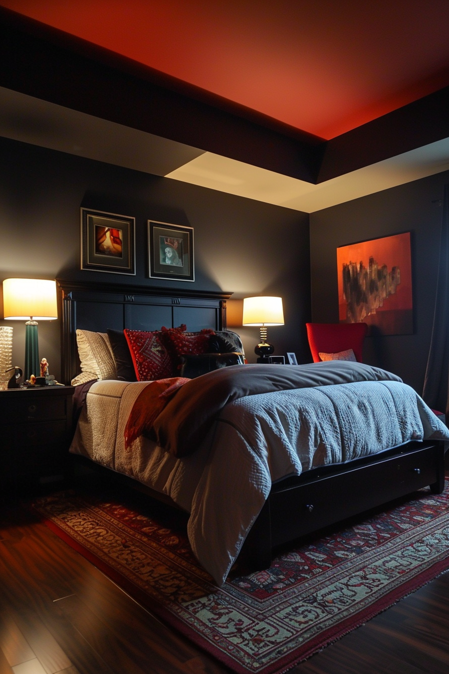A cozy dark bedroom with a bed and a red and black wall.